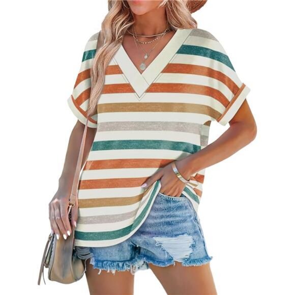 Womens Summer Tops Short Dolman Sleeve Shirts 2025 Fashion V Neck - Picture 2 of 6